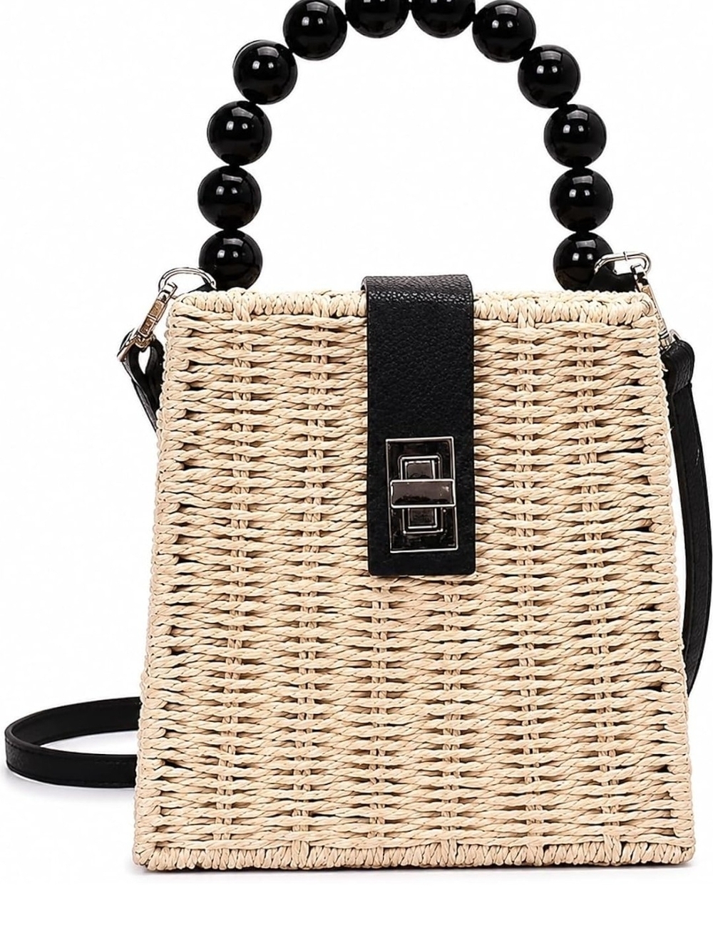 Woven Straw Top-Handle Bag with Black Accents